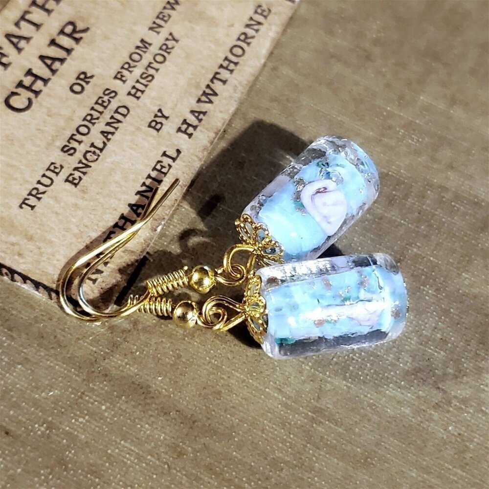 Light Blue Murano Lampwork Glass Vintage Beads with Flower Inside Earrings